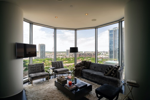 A residential living room with freshly cleaned carpets.