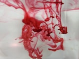 Red ink flows and swirls in clear water, creating abstract shapes and patterns. The ink appears to spread in various directions with wispy tendrils and cloud-like formations.