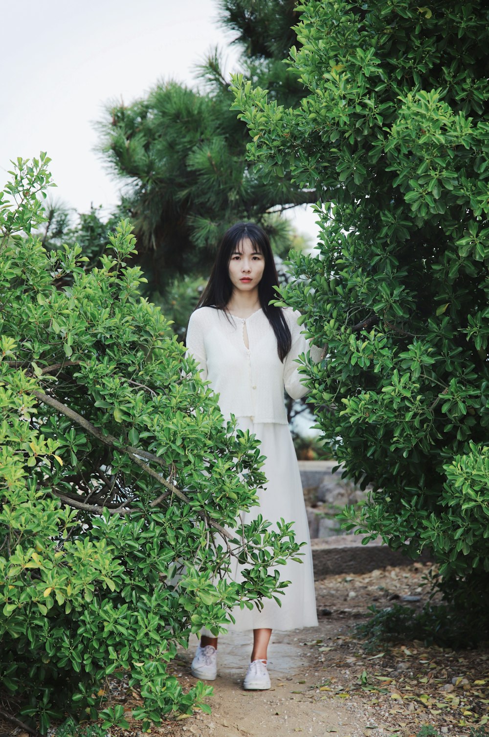 woman in white long sleeve dress standing beside green plants during daytime