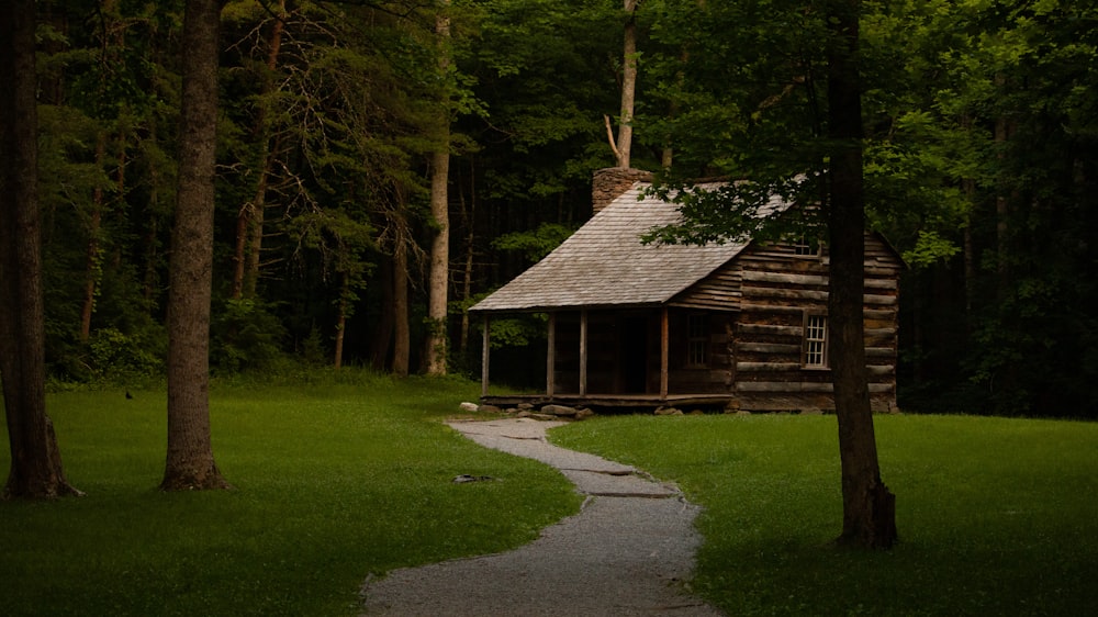 brown wooden house in the middle of green grass field