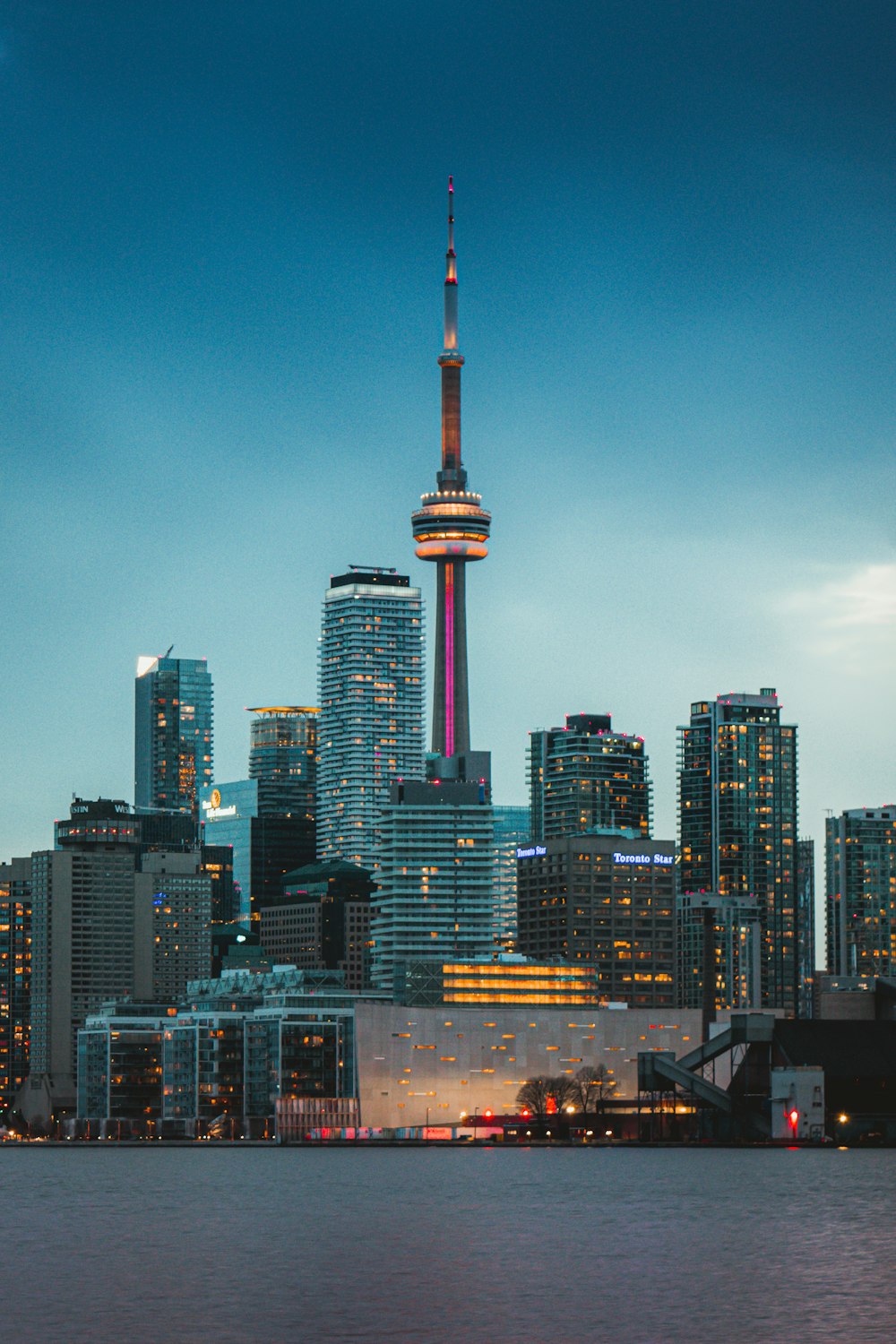 high rise buildings during night time