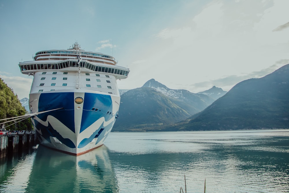 a large cruise ship docked at a dock