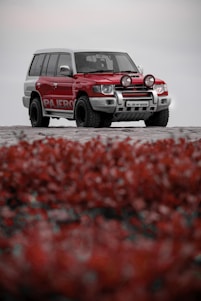 A red and white SUV is parked on a sandy surface, featuring off-road tires and additional front lights. In the foreground, there is a blurred patch of red vegetation or foliage.