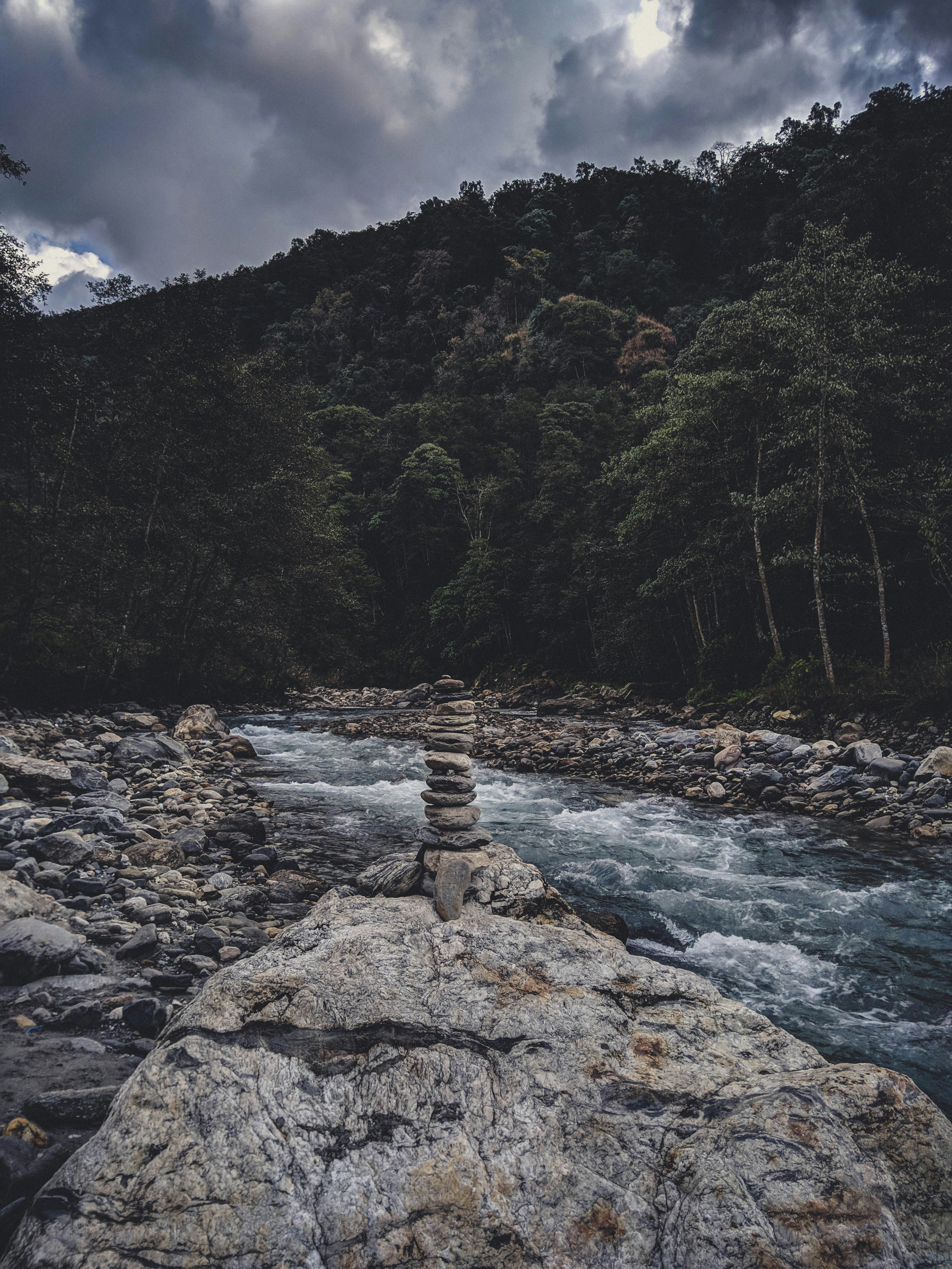 Rocky river between green trees under blue sky and white clouds during ...