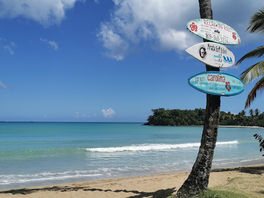 beach signage on beach shore during daytime