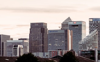 A cityscape featuring a cluster of modern skyscrapers with recognizable brand logos such as Citi, HSBC, and Barclays. The buildings have a mix of geometric shapes and glass facades, set against a backdrop of a cloudy sky during what appears to be dusk or dawn.