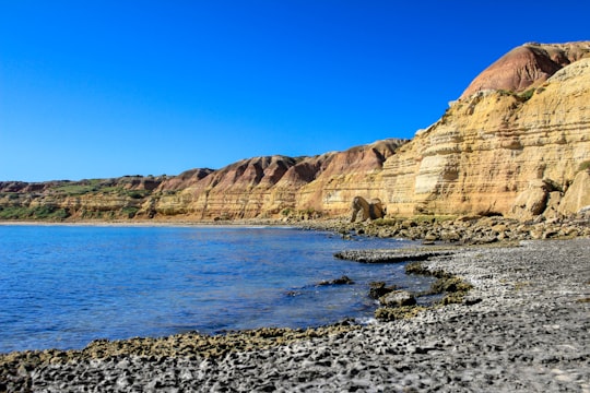 brown rocky mountain beside body of water during daytime in Maslin Beach SA Australia