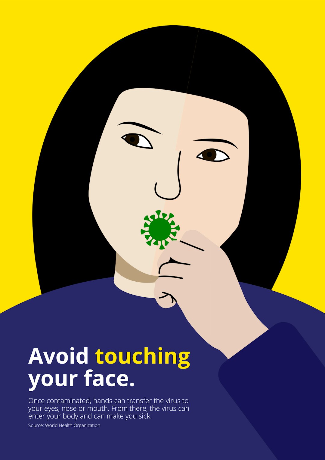 The 'Avoid Touching Your Face' designs are a set of posters (digital and print) that visually demonstrate how ordinary actions involving touching of one's face (rubbing eye, scratching nose, etc.) can transfer viruses to someone's face from hands that have been contaminated. Image created by  Michael Smith. Submitted for United Nations Global Call Out To Creatives - help stop the spread of COVID-19.