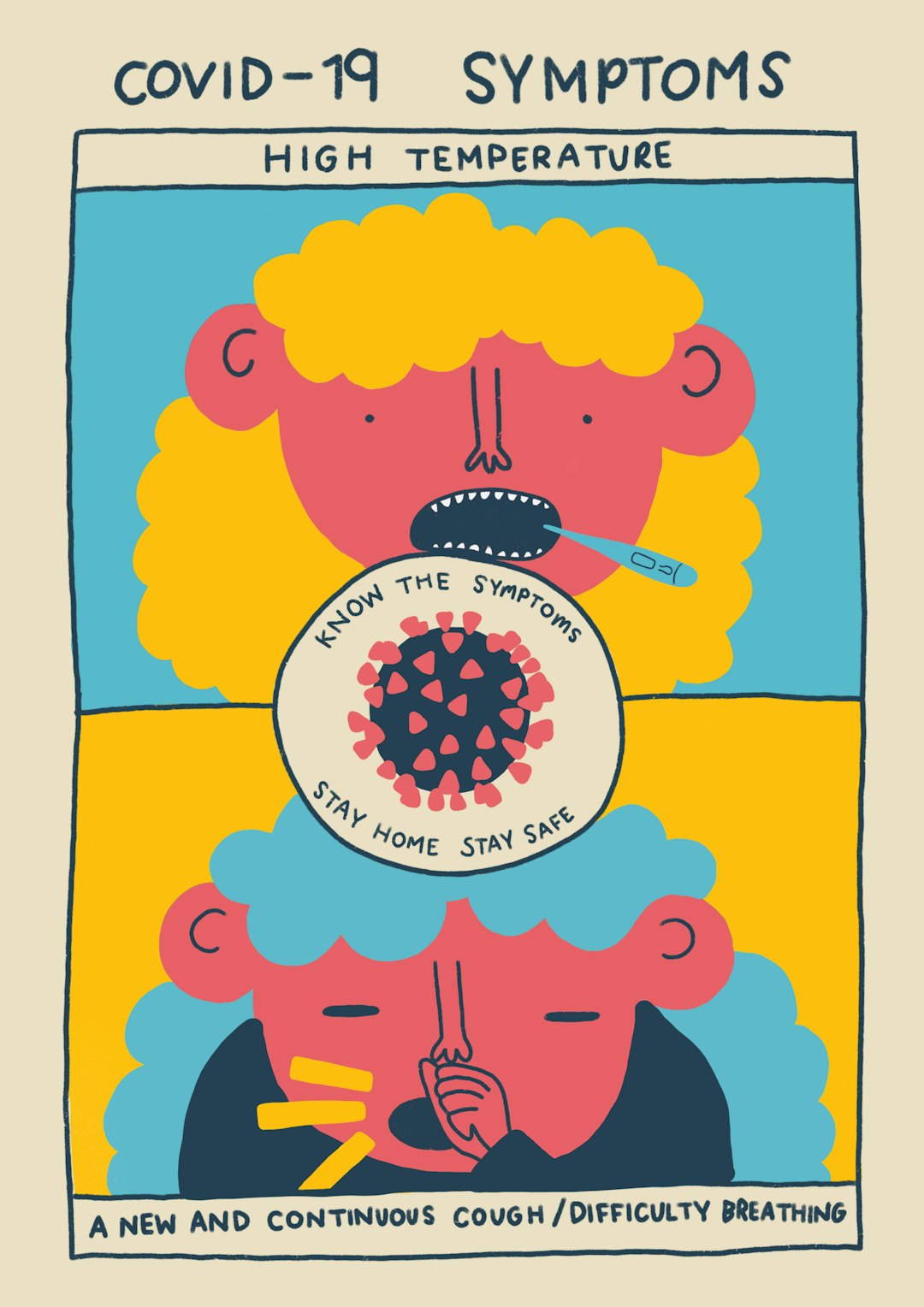 I wanted to illustrate the symptoms of coronavirus in a way that can be easily understood at a glance. The vibrant colour palette grabs your attention immediately. Image created byHolly Wells . Submitted for United Nations Global Call Out To Creatives - help stop the spread of COVID-19.