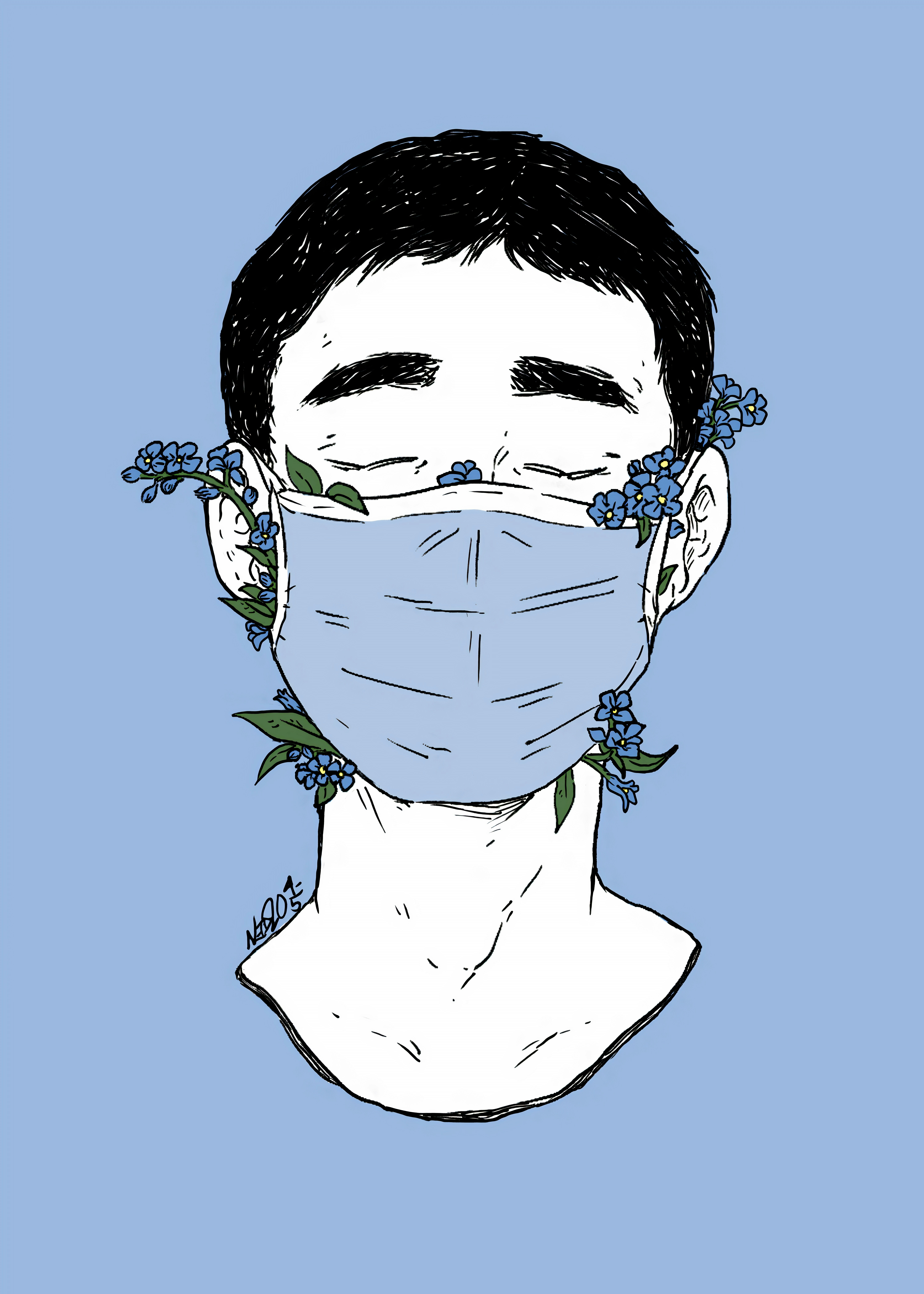 I was inspired by the color of forget-me-nots, as they reminded me of the blue of surgical masks. I felt compelled by their name to create this illustration as a way of reminding people to not forget those on the front lines taking care of us, who need to be taken care of through social distancing and being provided the protective equipment they desperately need.  Image created by Natalia Lopes. Submitted for United Nations Global Call Out To Creatives - help stop the spread of COVID-19.