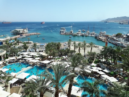 A lively seaside city scene with a vibrant blue ocean visible in the background, dotted with several ships near the horizon. The foreground features a busy resort area with swimming pools surrounded by palm trees and numerous lounging areas with white sunshades. Many people are enjoying the pools while the marina in the midground is filled with boats docked at the piers.