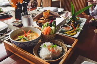 vegetable salad on brown wooden tray