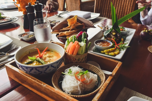 vegetable salad on brown wooden tray
