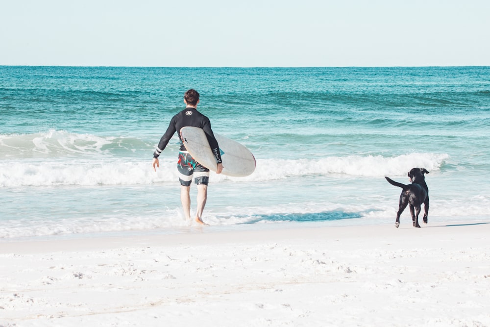 uomo in muta nera che trasporta tavola da surf bianca che cammina sulla spiaggia durante il giorno