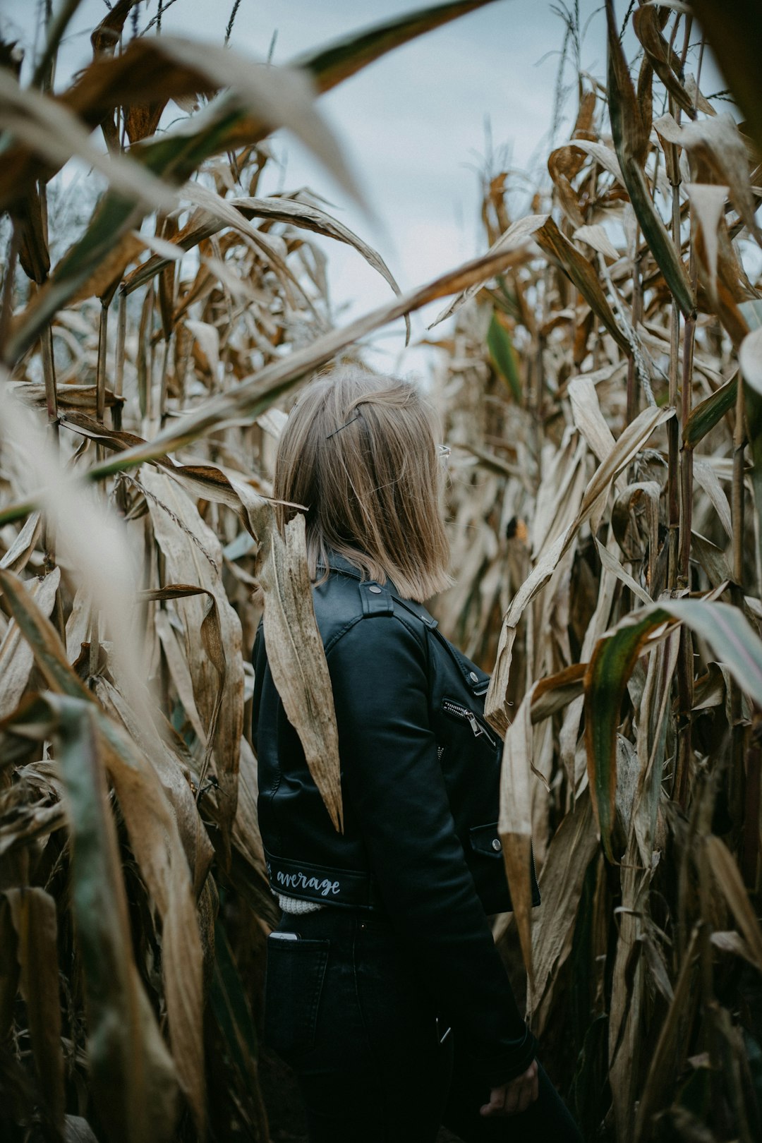 woman in black leather jacket standing in corn field during daytime