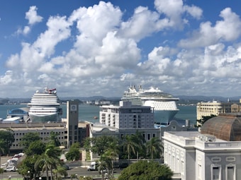 Cruise ships are docked at a port by the ocean, surrounded by city buildings under a partly cloudy sky.