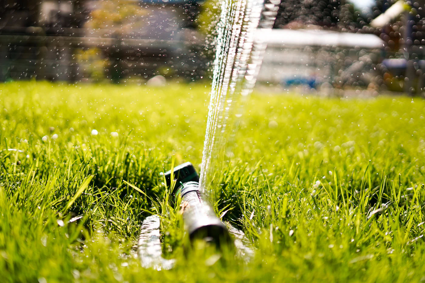 Sprinkler heads watering a lawn at golden hour