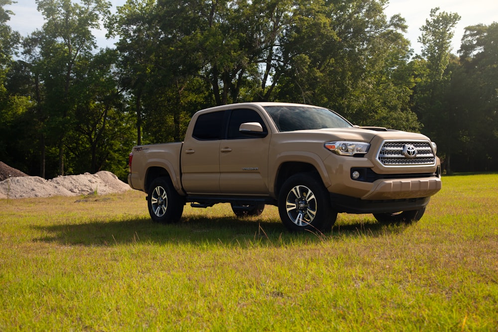 brown chevrolet crew cab pickup truck parked on green grass field during daytime