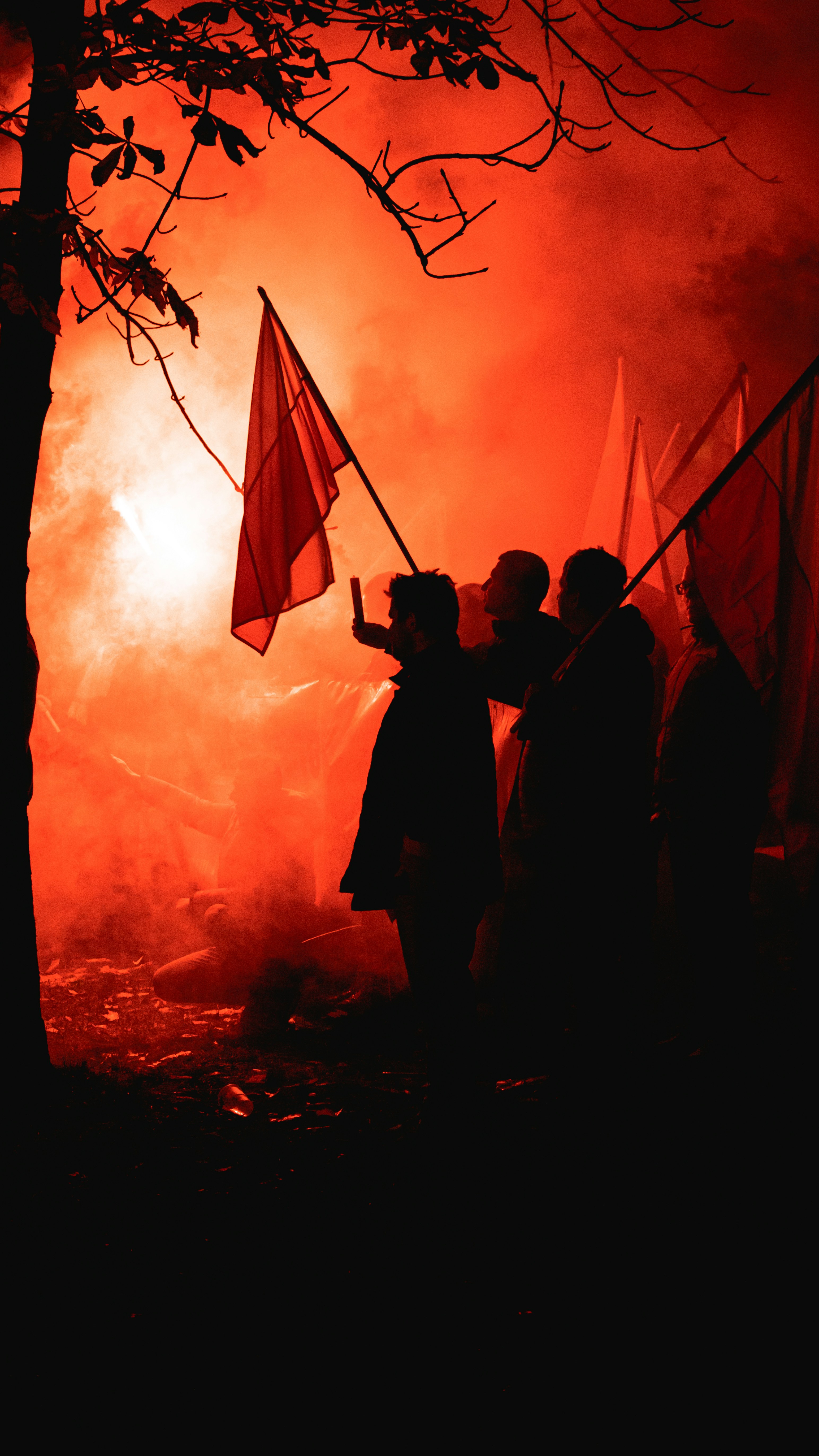 siluet orang-orang berdiri dan memegang bendera saat matahari terbenam