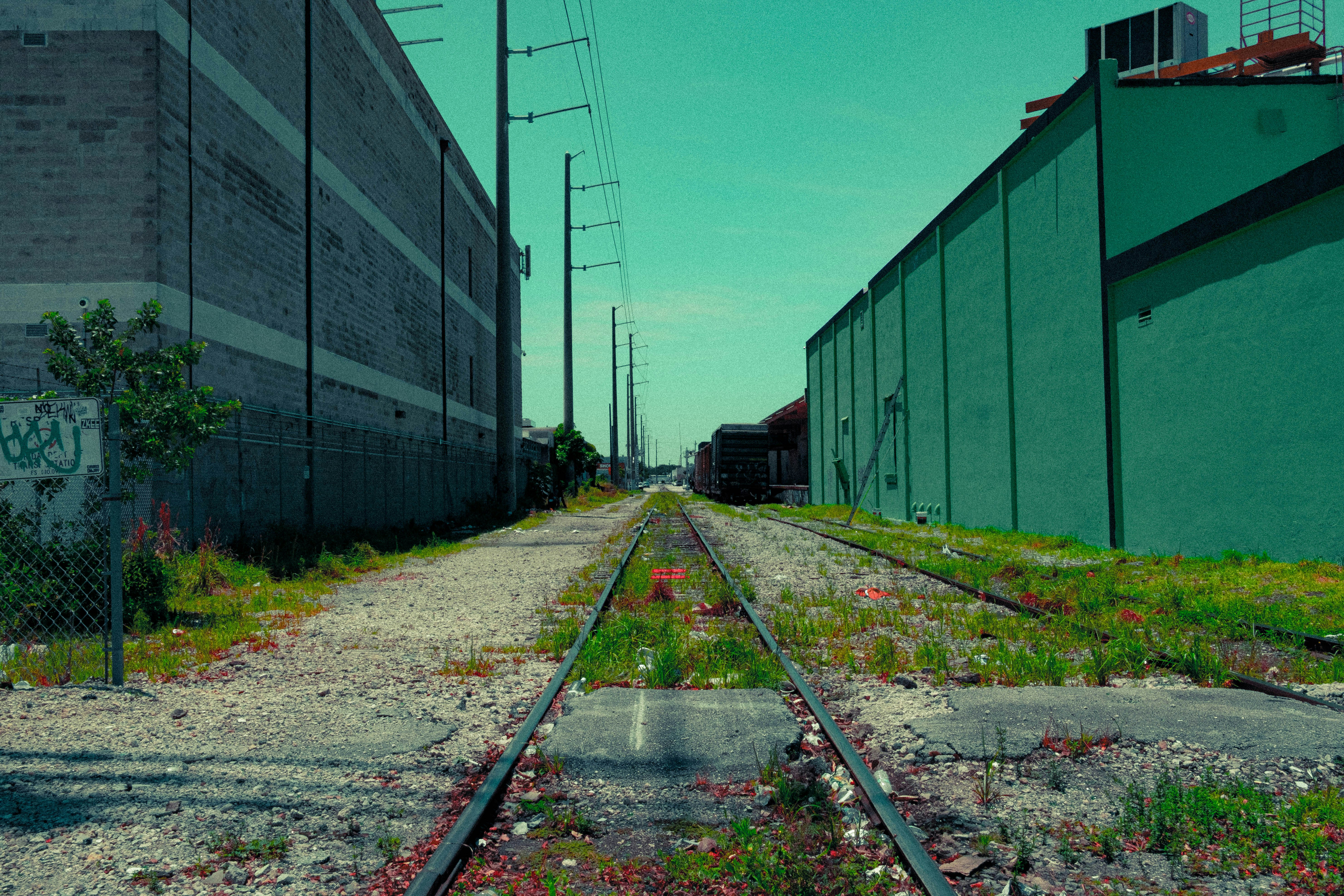 Gray metal train rail in between green wall photo – Free Miami Image on ...