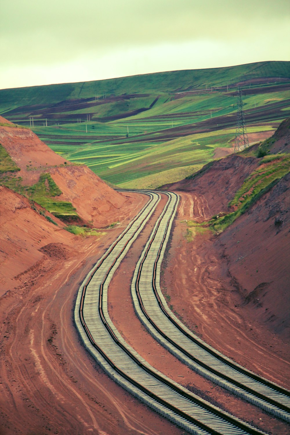 aerial view of road in the middle of green grass field