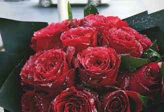 A vibrant bouquet of roses being delivered in a bustling city street, capturing the joy of a personalized gift.