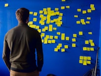 A person stands facing a blue wall covered with numerous yellow sticky notes arranged in a flowchart-like pattern. The notes are organized into categories with handwritten titles like 'Environment', 'Society', and 'Healthcare'.