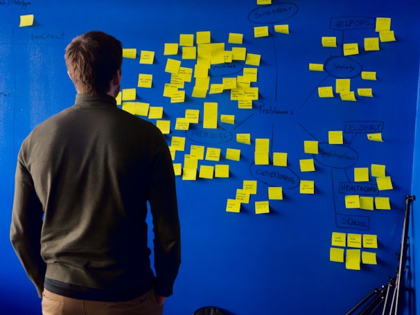 A person stands facing a blue wall covered with numerous yellow sticky notes arranged in a flowchart-like pattern. The notes are organized into categories with handwritten titles like 'Environment', 'Society', and 'Healthcare'.
