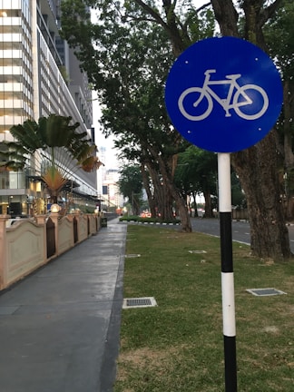 A blue bicycle sign is prominently displayed along a sidewalk lined with trees and adjacent to a street. Modern buildings with glass façades are visible on the left, alongside decorative plants. The setting conveys a peaceful urban environment suitable for cycling.