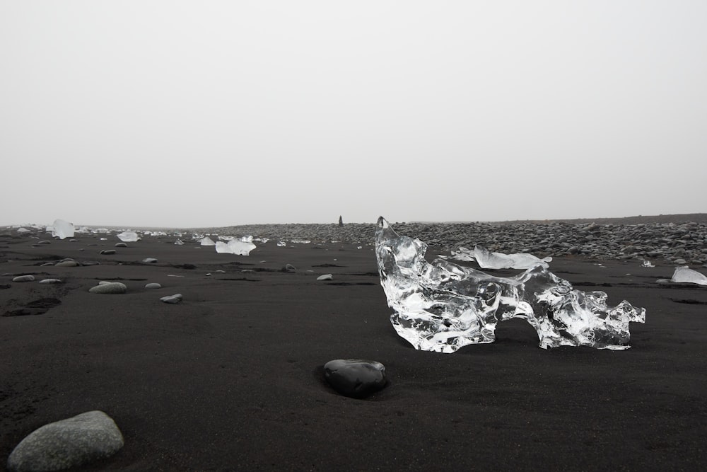 ice on black sand near body of water during daytime