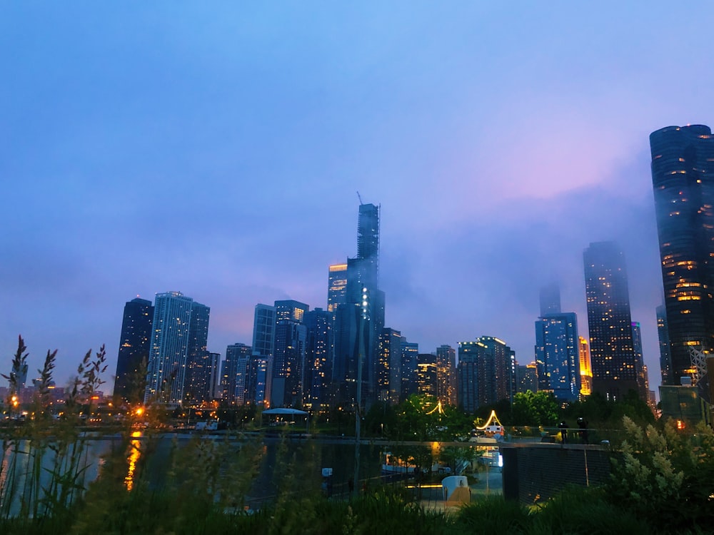 city skyline during night time