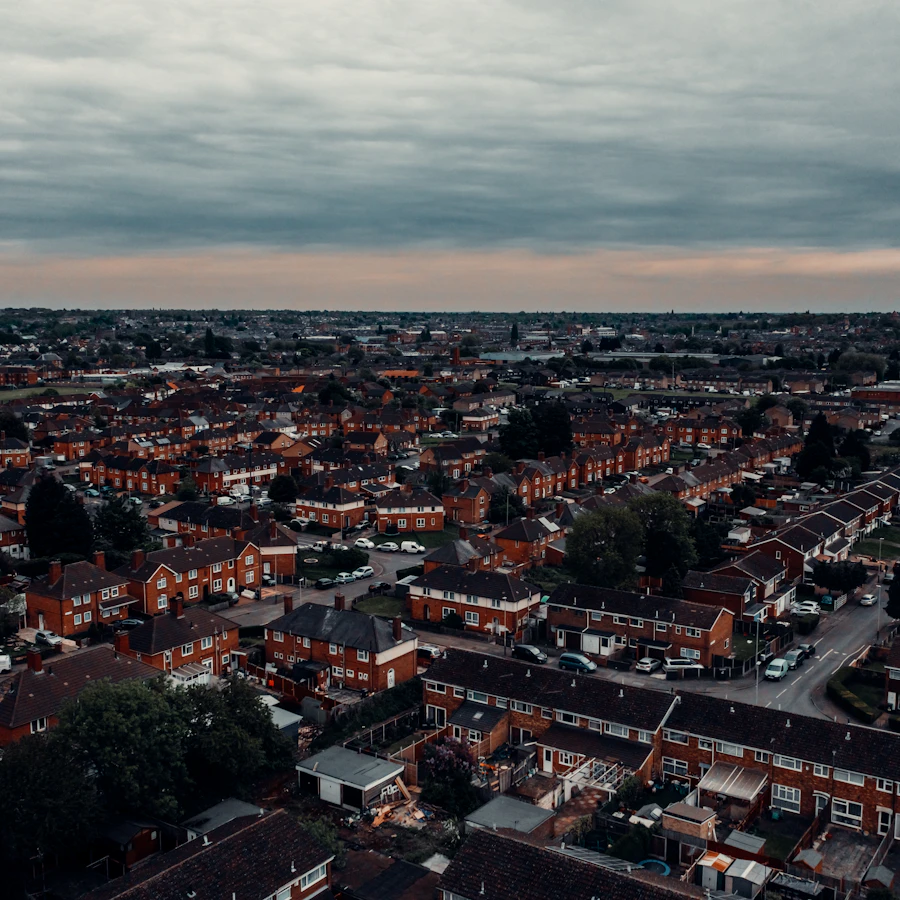 Aerial view of Leicester city rooftops and streets, the local setting for free dating sites in Leicester