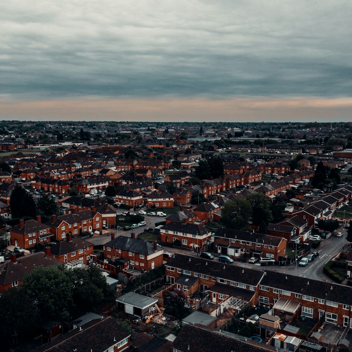 Aerial view of Leicester city centre rooftops and buildings