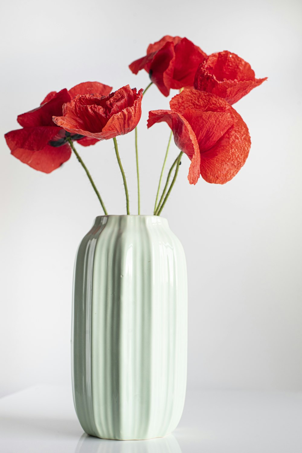 a white vase with red flowers in it