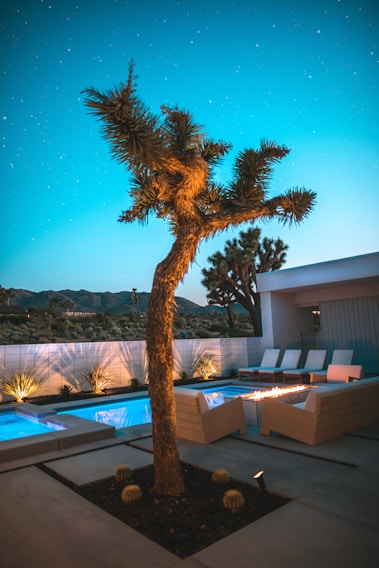 A serene outdoor space with a stylish pool area is lit warmly at twilight. A prominent desert tree stands in the foreground next to modern white lounge chairs arranged around a sleek fire pit. The area is surrounded by a low wall with some plants, and a backdrop of mountains is visible under a clear, starry sky.