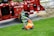 A worker wearing an orange helmet and safety gear is lying on a grassy lawn holding up a sign for a tree service company. In the background, there is a large red wood chipper, and a tree branch is visible on the ground.
