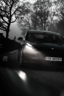 A sleek electric car with illuminated headlights is driving on a foggy, winding road. The surrounding trees are bare, adding an eerie atmosphere to the scene.
