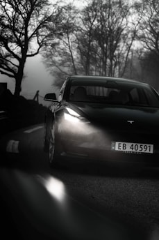 A sleek electric car with illuminated headlights is driving on a foggy, winding road. The surrounding trees are bare, adding an eerie atmosphere to the scene.