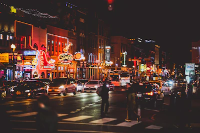 The neon signs of Broadway in Nashville at night