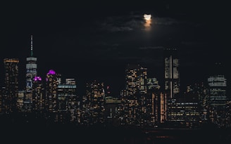 A moody silver and purple photograph of a nighttime cityscape.