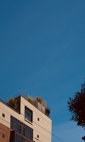 A modern building with large windows and a rooftop garden with greenery set against a clear blue sky. The building features a combination of brick and cream-colored materials and is complemented by the presence of foliage on the lower right.