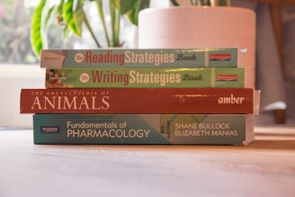A stack of colorful books on a wooden table with a cozy reading nook in the background.