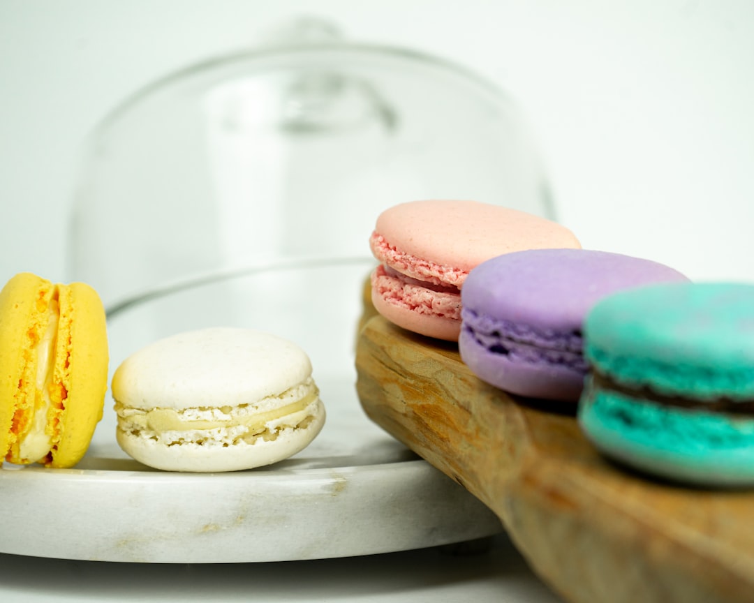 pink yellow and blue macaroons