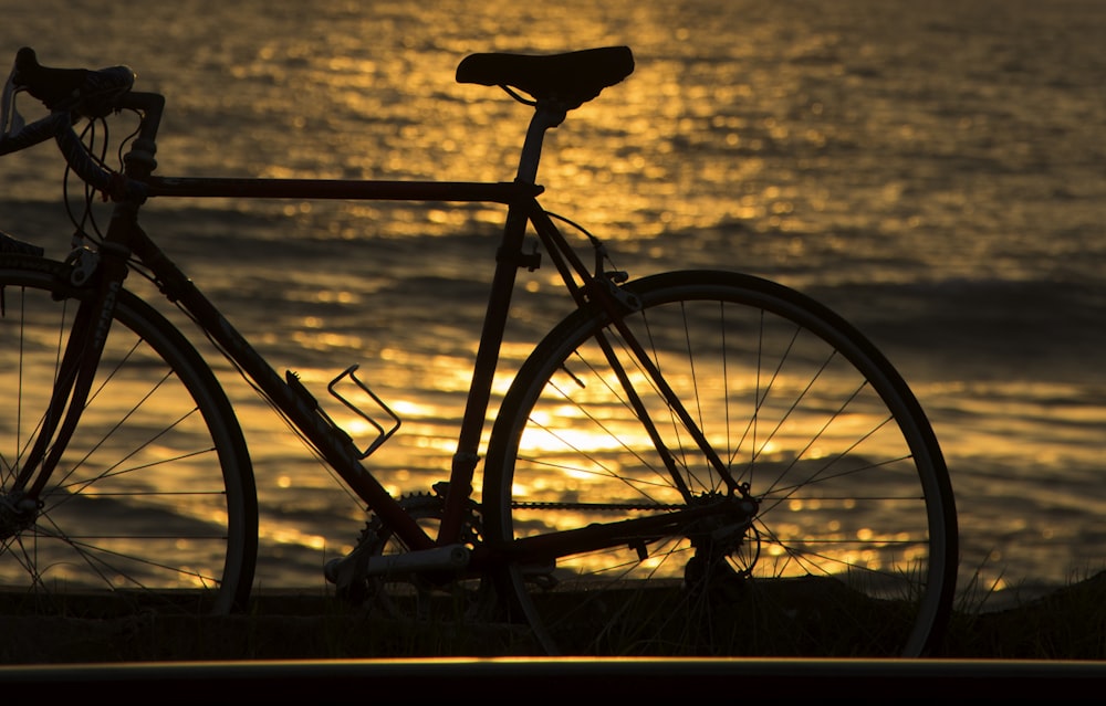 black bicycle on seashore during sunset