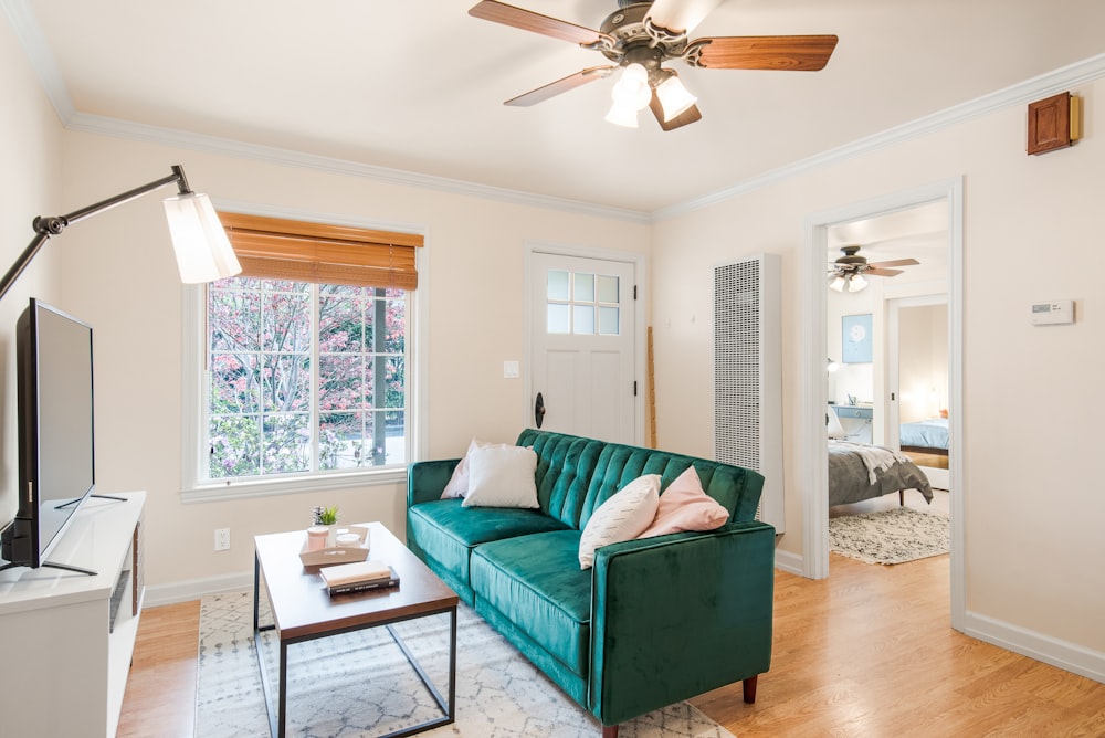 green and white sofa near window