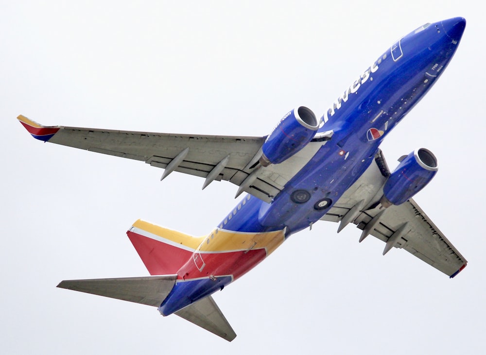 blue and red airplane in mid air during daytime