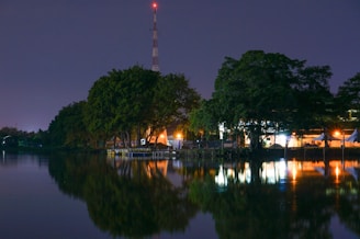 A serene nighttime scene featuring a body of water reflecting lights from nearby structures. Tall trees line the shore, and a radio tower is visible in the background with a red light at its top. Vibrant colors from lights create a calming ambiance.