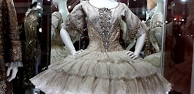 A detailed and ornate ballet costume is displayed in a glass case. The dress features intricate embroidery with metallic embellishments on the bodice and sleeves, and a layered, ruffled skirt. Mannequins in the background are also dressed in similarly elaborate outfits, suggesting an exhibition or museum setting.