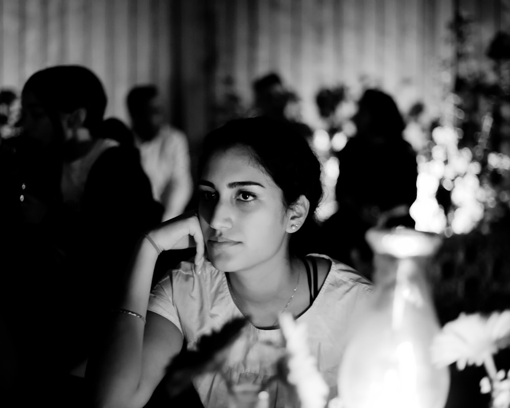 grayscale photo of girl in crew neck t-shirt