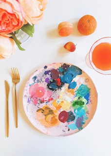 A vibrant color palette arranged on a table.